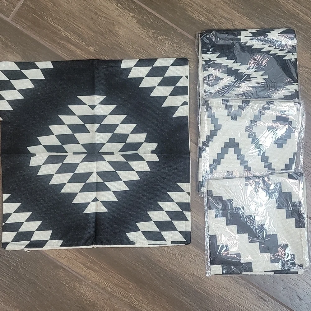 Geometric Jute Pillow Cases Set of 4 Black Cream